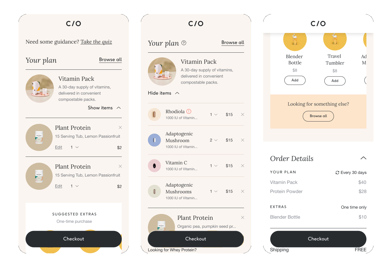 Cart page — mobile mockups