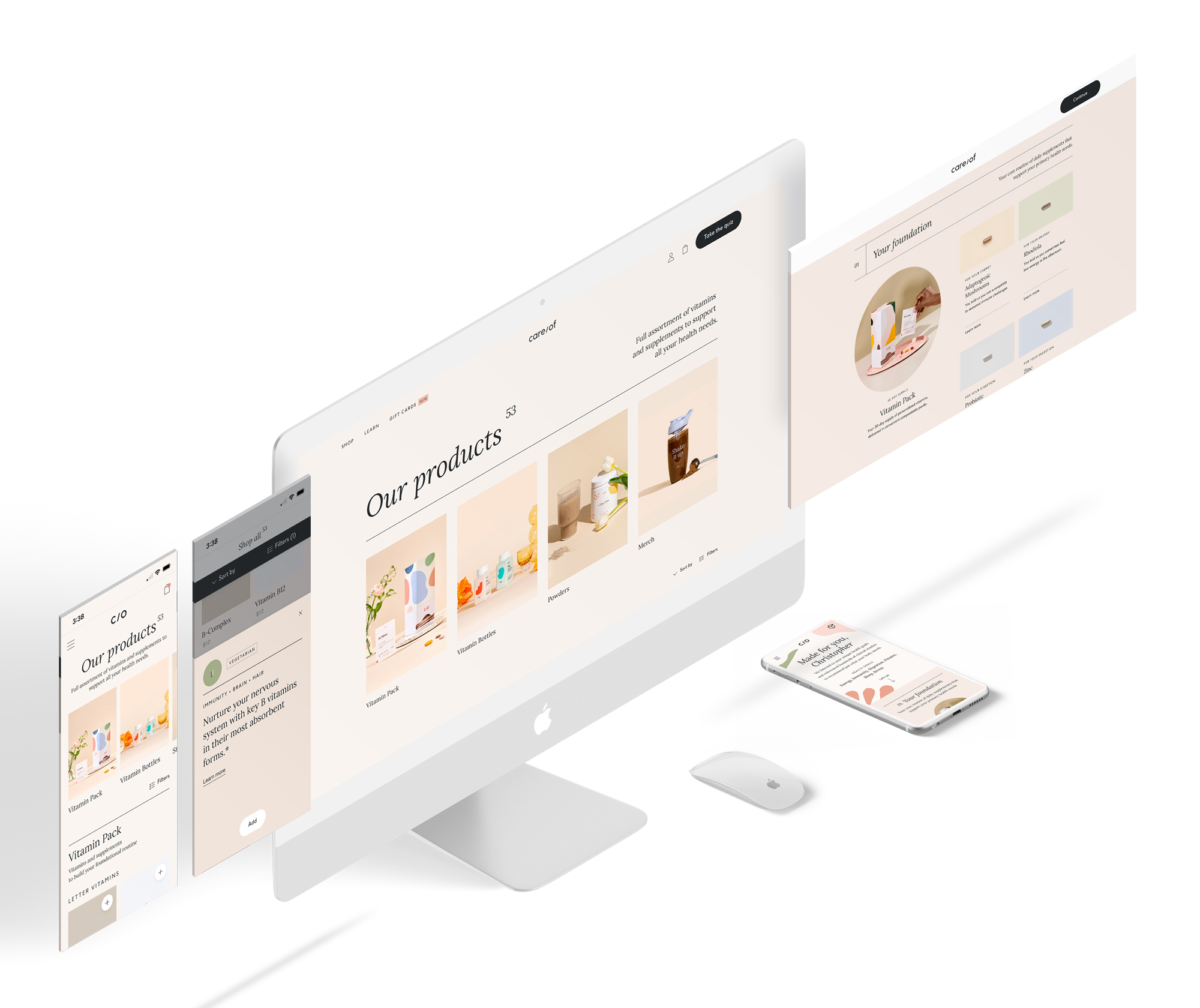 Care/of Product Hierarchy — overall experience mockup