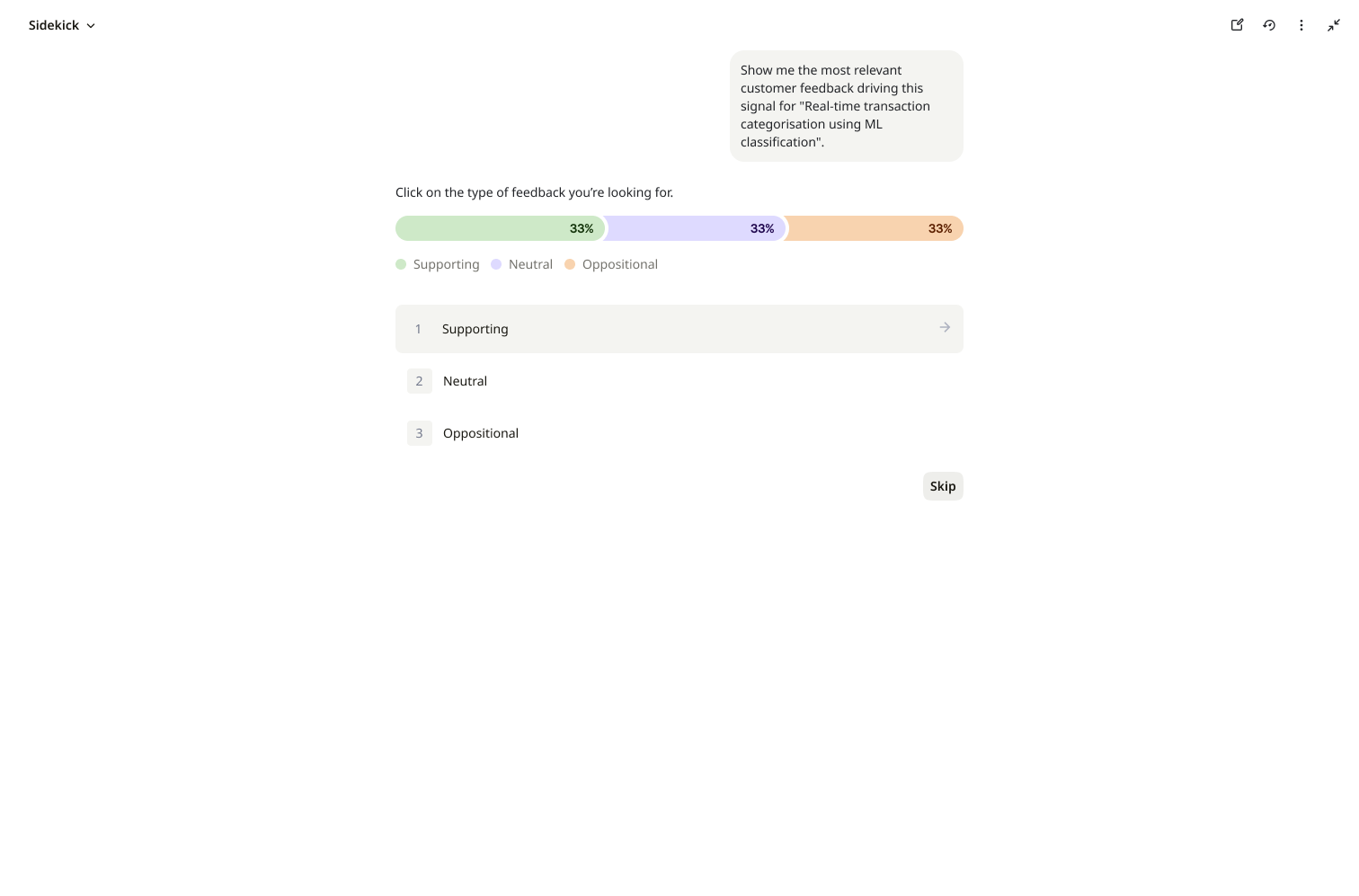 Sidekick sentiment breakdown for customer feedback