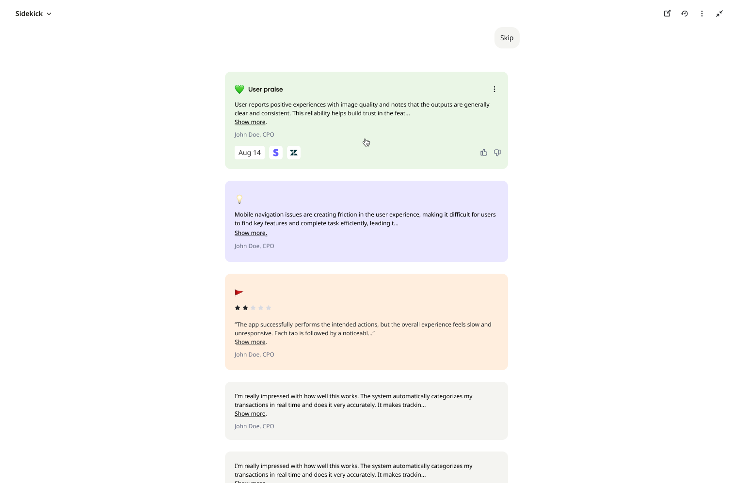 Sidekick feedback cards in the insights queue