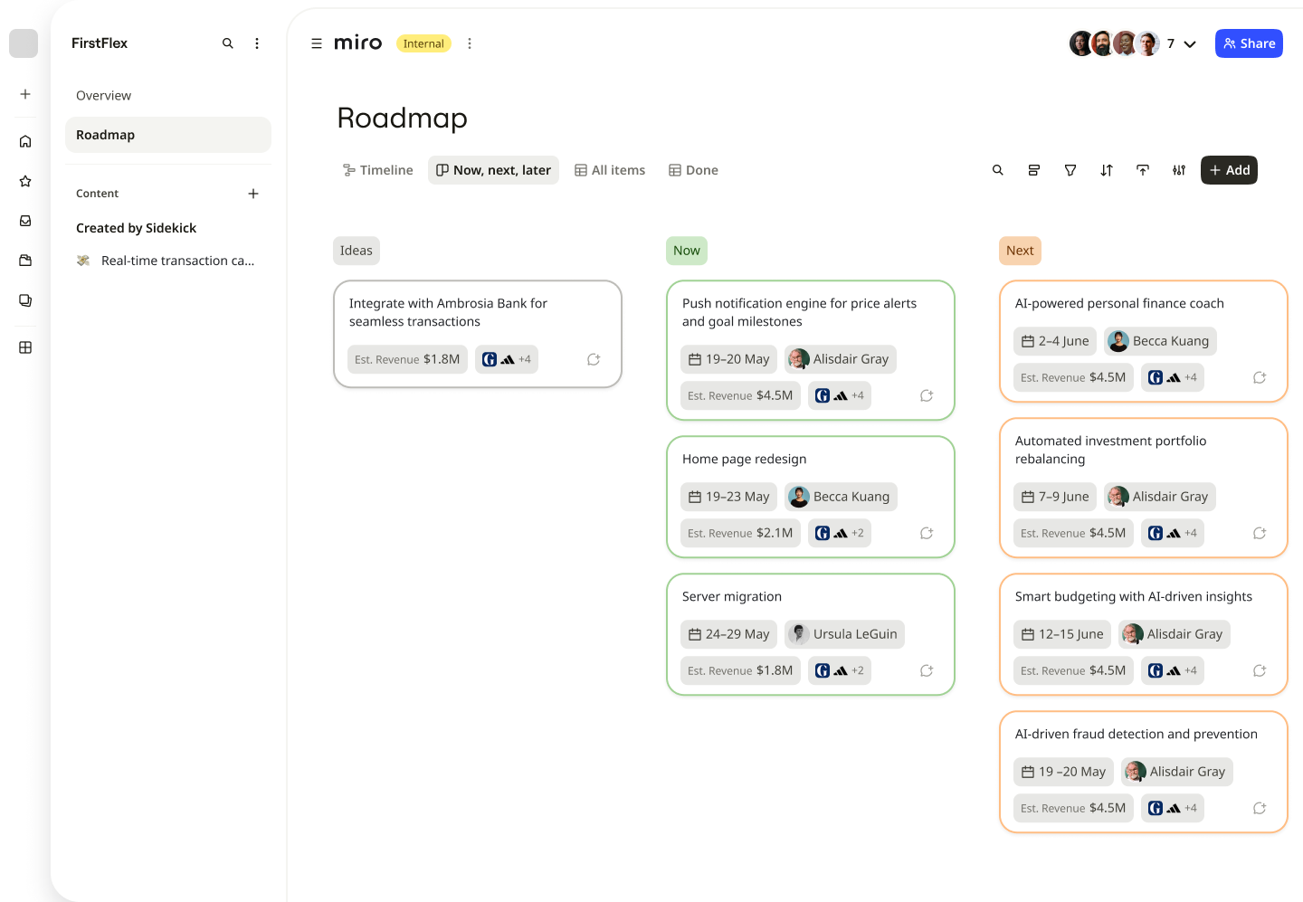 Now, next, later roadmap board in Miro