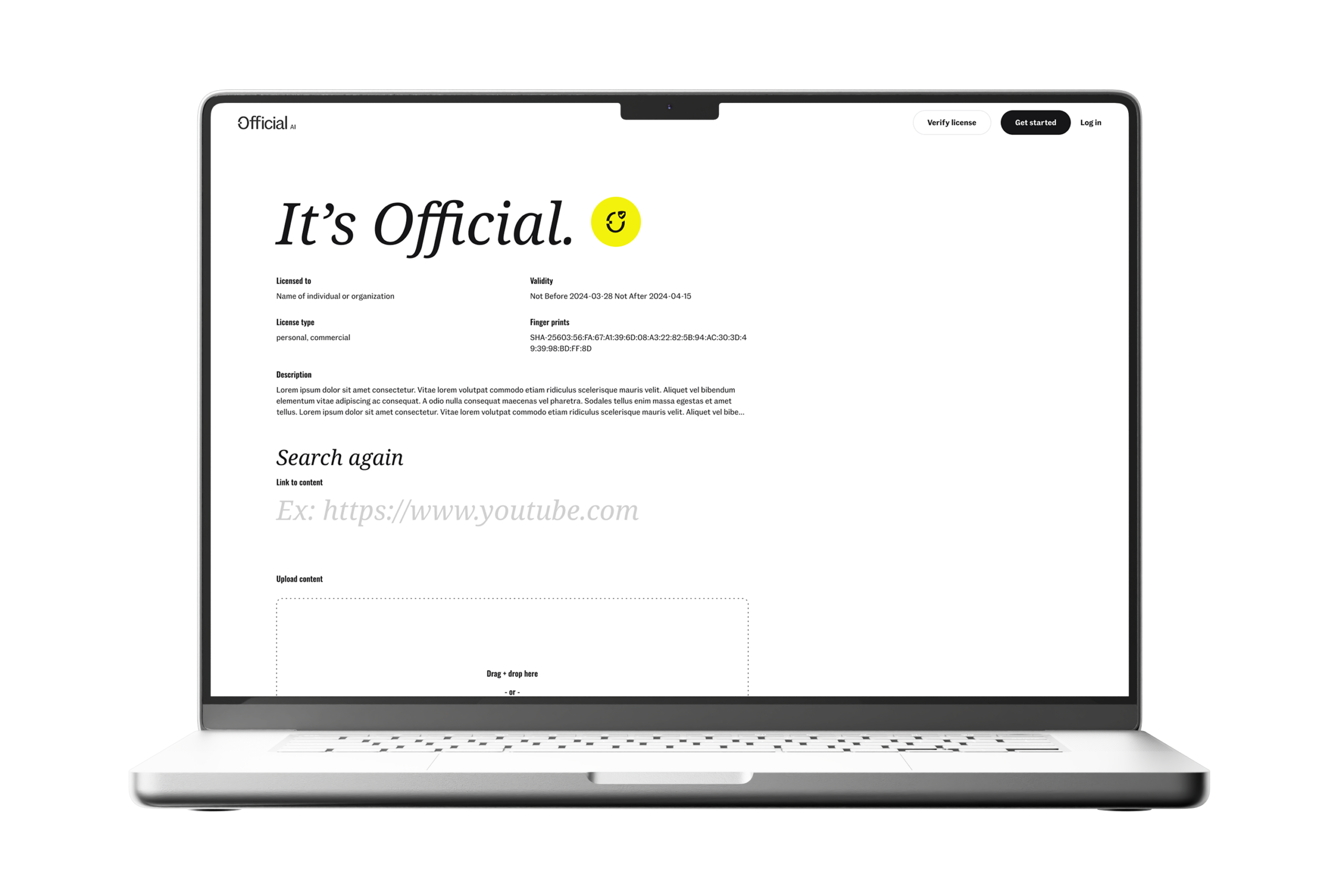 Official marketing site — license verification